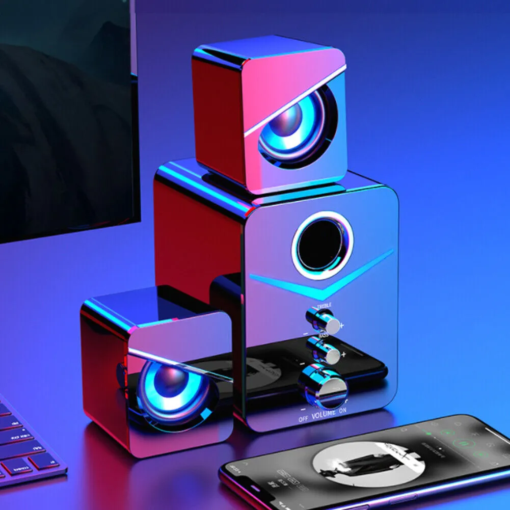US 1-2 Pcs USB Computer LED Speakers Subwoofer Bass Control Desktop Laptop PC