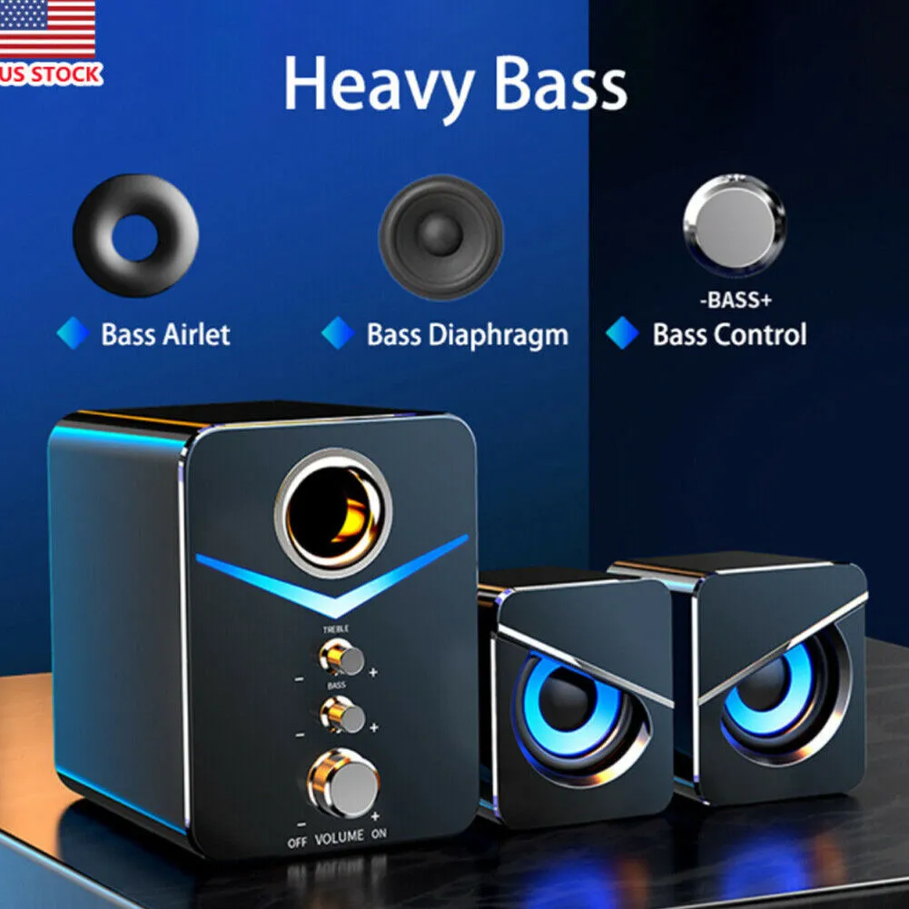 US 1-2 Pcs USB Computer LED Speakers Subwoofer Bass Control Desktop Laptop PC