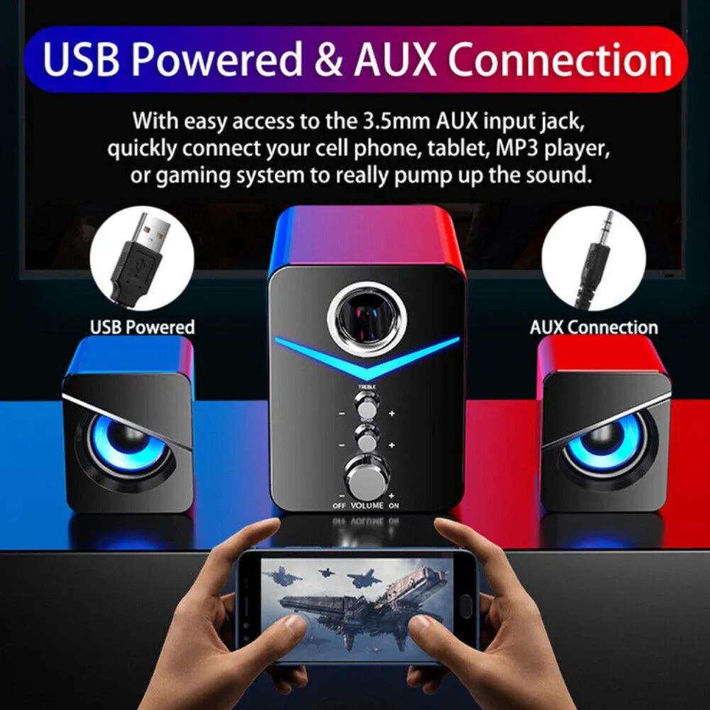 US 1-2 Pcs USB Computer LED Speakers Subwoofer Bass Control Desktop Laptop PC