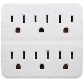 White 6 Outlet Wall Tap Adapter With Grounded Dual 3 Prong AC Plug 15A